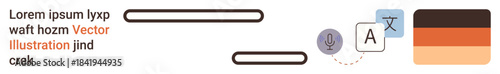 Language translation, learning tools, globalization, digital communication, accessibility, information sharing. Icons of microphone, language and text interface. Language translation and learning