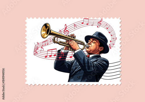 Stylized illustration of a trumpeter in a hat with musical notes resembling a postage stamp