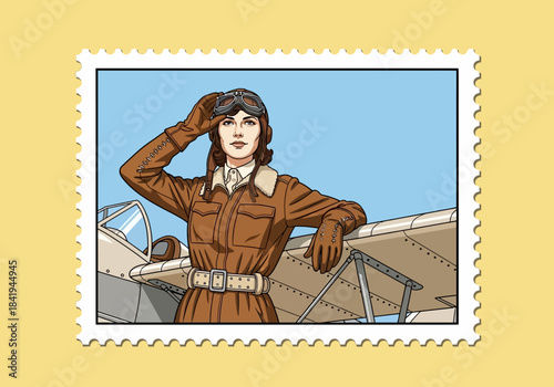 Stylized illustration of a female aviator saluting beside an airplane wing