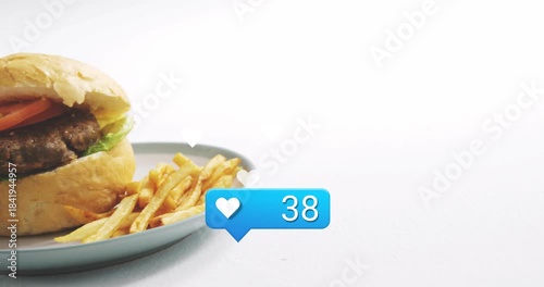 Blue like bubble appearing plate sliding burger centering counter rising to 95 showing social buzz