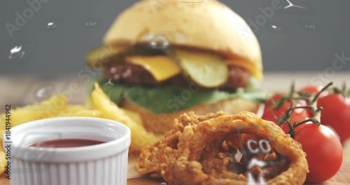 Floating UI icons appearing triggers camera shifting focus toward burger, highlighting menu item