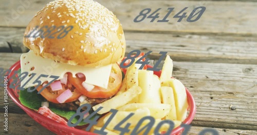 Shifting numeric overlay sliding diagonally, revealing burger and fries for menu reveal
