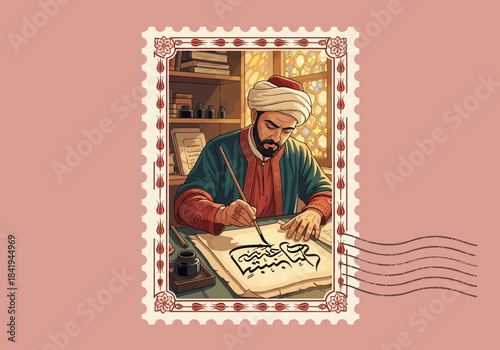 Stylized stamp featuring a bearded man in a turban writing Arabic calligraphy