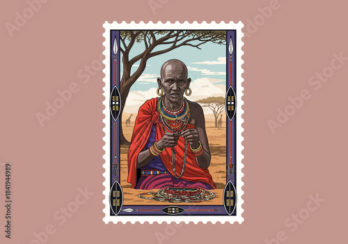 Stylized postage stamp featuring an elder Maasai woman beading in a savanna