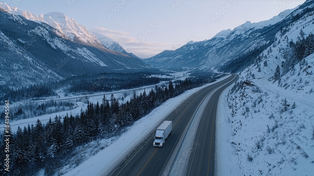 Naklejka premium Snow covers the mountains and highway as a truck drives through a winter landscape at sunrise in a remote area