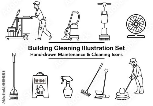ビル清掃員と業務用清掃道具を組み合わせた作業シーンの線画イラストセット｜清掃現場で使われる多様な機器と動作を分かりやすい線画で構成したメンテナンス素材