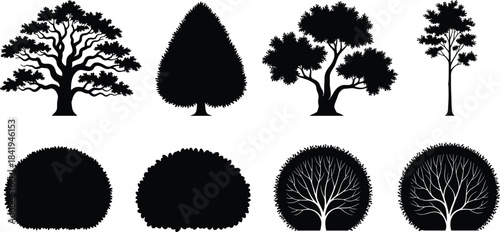 Set of tree and bush silhouettes, black vector nature icons including oak, shrub, and hedge, isolated on white background for landscape design.