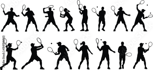 Set of tennis player silhouettes, black vector figures of men and women hitting ball with racket, isolated on white background for sport design.