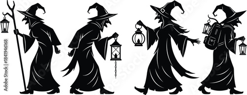 Set of Witches or Sorceresses Silhouettes Walking with Lanterns and Staff, Halloween and Fantasy Costume Vector Illustration, Magical Figures and Dark Arts