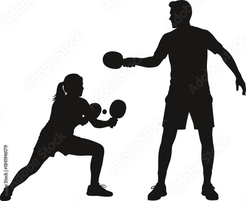 Silhouette illustration of two athletes playing table tennis in dynamic action poses, competitive sports training scene, active movement concept for fitness, recreation, and teamwork