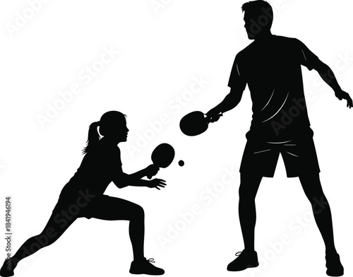 Table Tennis Players Silhouettes: Dynamic Vector Illustration of Man and Woman Competing in Ping Pong Match, Capturing Fast-Paced Sports Action and Athletic Training.