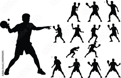 Silhouette vector illustration of multiple table tennis player poses, dynamic ping pong action movements, athletic training stances for sports design, fitness activity,