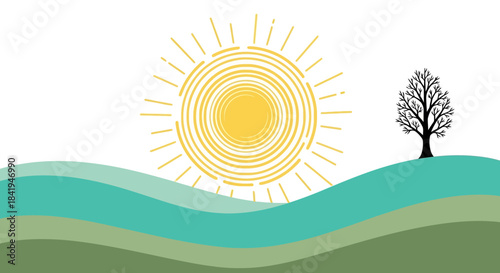 Stylized sun with rays over rolling green and teal hills featuring a bare tree silhouette