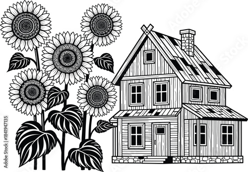 Rustic farmhouse with blooming sunflowers in detailed black woodcut style, charming countryside botanical illustration, rural home garden floral scene for vintage vector design