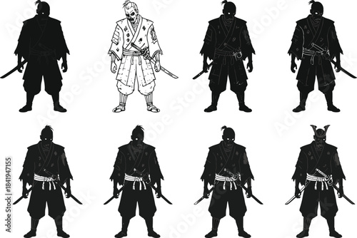 Samurai character vector illustration, traditional Japanese warrior design, katana and wakizashi weapons, silhouette and sketch styles, concept art, battle stance, armor details