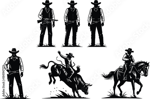 Set of Cowboy and Western Figures Silhouettes, Bull Rider, Horseback Rider, and Outlaw Poses Vector Illustration, Rodeo and Wild West Culture Design Elements