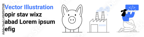 Finance, industry, coding, sustainability, modern economy, savings. Piggy bank, factory emitting smoke programmer coding on a laptop. Finance and industry through symbolic imagery