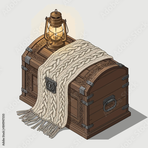 Antique wooden treasure chest with intricate carvings and a cozy knitted blanket draped over it in