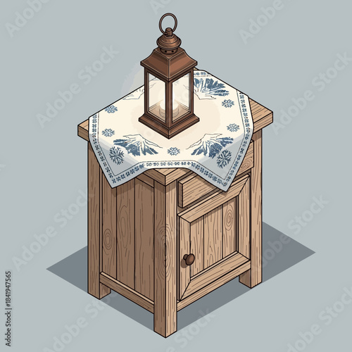 wooden side table with a decorative tablecloth and a lantern on top for cozy interiors