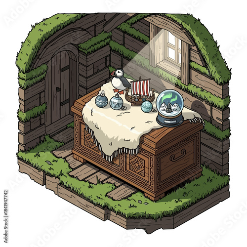 Cozy woodland hideaway with vintage desk and mystical decor inside a lush green tree hollow