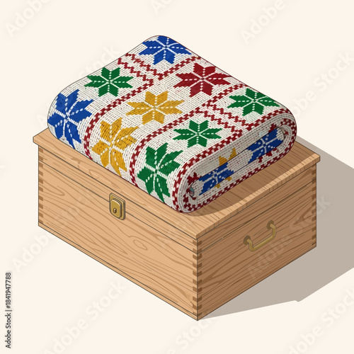 Decorative rolled knit blanket with colorful snowflake patterns placed on wooden storage box for