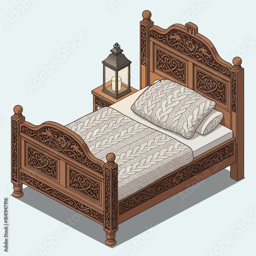 ornate wooden bed with intricate carvings and matching bedside lamp for elegant bedroom decor