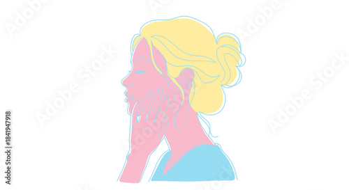 Dreamy pastel illustration of a blonde woman lost in contemplative thought against a white backdrop
