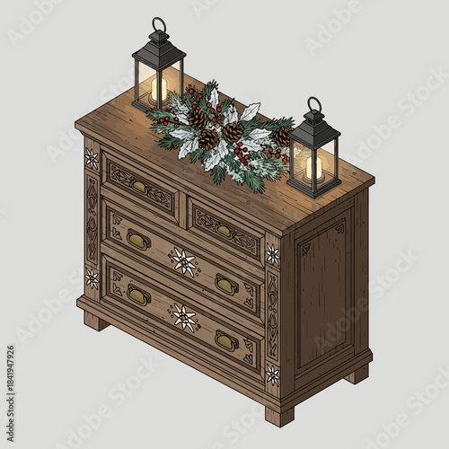 Rustic wooden sideboard decorated with festive holiday greenery and lanterns for holiday home decor