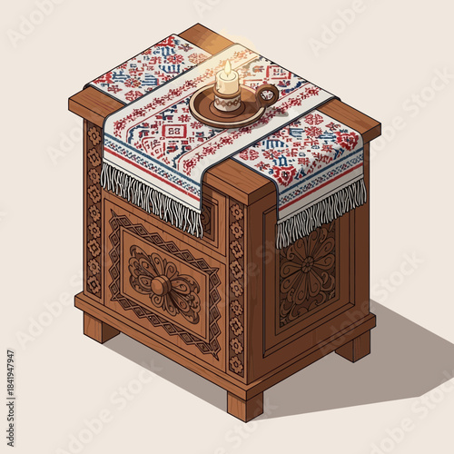 Traditional wooden box with ornate carvings and embroidered cloth cover displaying tea set and