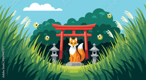 A majestic fox sits gracefully in front of a traditional Japanese torii gate, embodying a serene and spiritual presence.