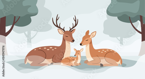 A serene family of deer, including a buck, doe, and fawn, resting peacefully together.