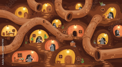 A whimsical underground world of moles living in cozy burrows and tunnels.