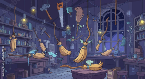 A collection of magical brooms floating in a dimly lit workshop.