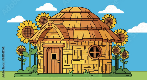 Charming Wooden Hut with Thatched Roof Surrounded by Sunflowers.