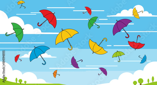 Colorful Umbrellas Floating in a Bright Blue Sky with Clouds.