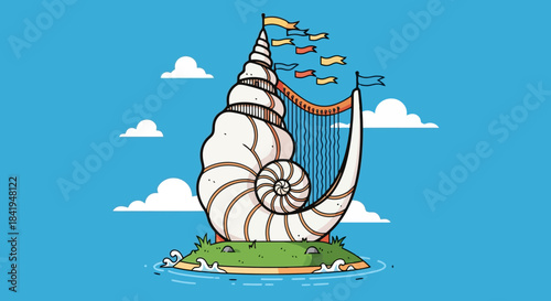 Conch Shell Harp Island Fantasy Illustration.