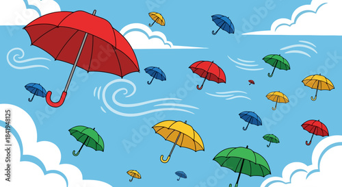 Colorful Umbrellas Flying in a Windy Blue Sky.