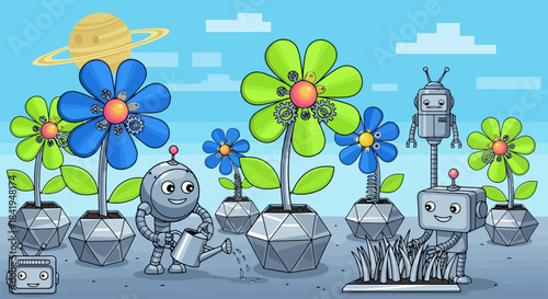 Cute robots tending to a garden of colorful flowers in pots.