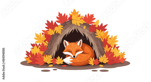 Cute Fox Sleeping Peacefully in Autumn Den Surrounded by Colorful Leaves.