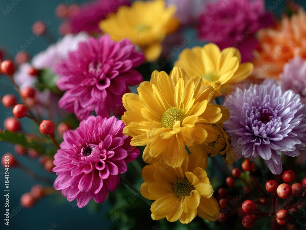 Fototapeta premium Bouquet of colorful chrysanthemums with varying colors yellow pink purple and red berries