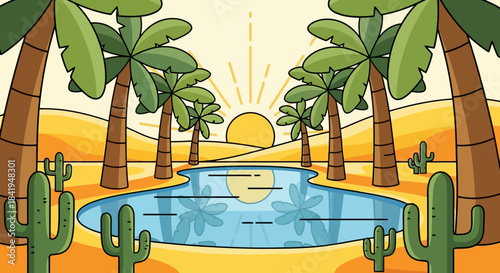 Oasis in the Desert with Palm Trees and Cacti.
