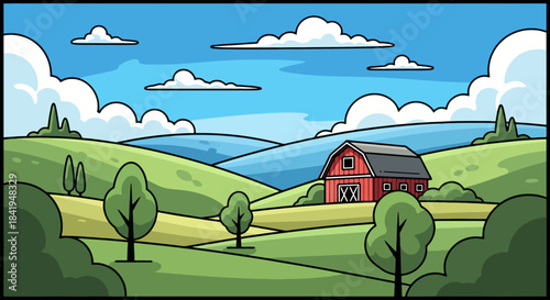 Red Barn in a Green Hilly Landscape with Blue Sky and Clouds.