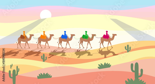 People riding camels in a desert landscape.