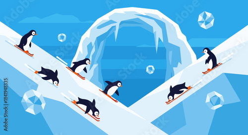 Playful penguins skiing down snowy slopes with joyful abandon.
