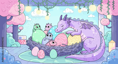 Purple Dragon Mother with Hatchlings and Eggs in a Nest.