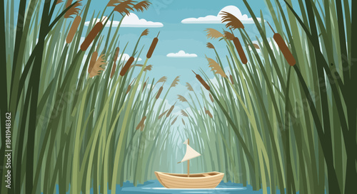 Small wooden boat with a white sail floating on calm water.