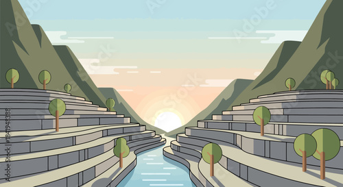 Terraced Rice Paddies with River Flowing Through Valley at Sunrise.