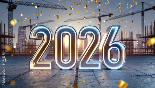 Futuristic 2026 celebration with construction cranes and golden confetti.