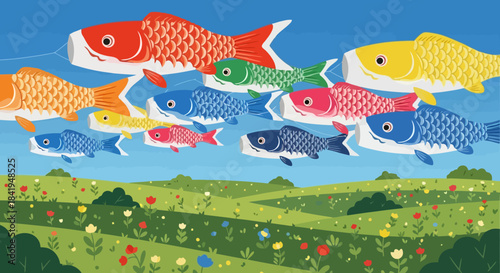 Vibrant Koinobori fish streamers flying high in the sky.