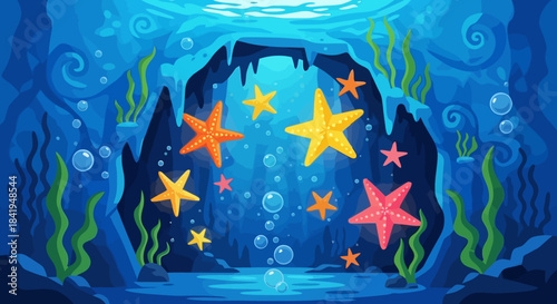 Vibrant Starfish in an Underwater Cave.